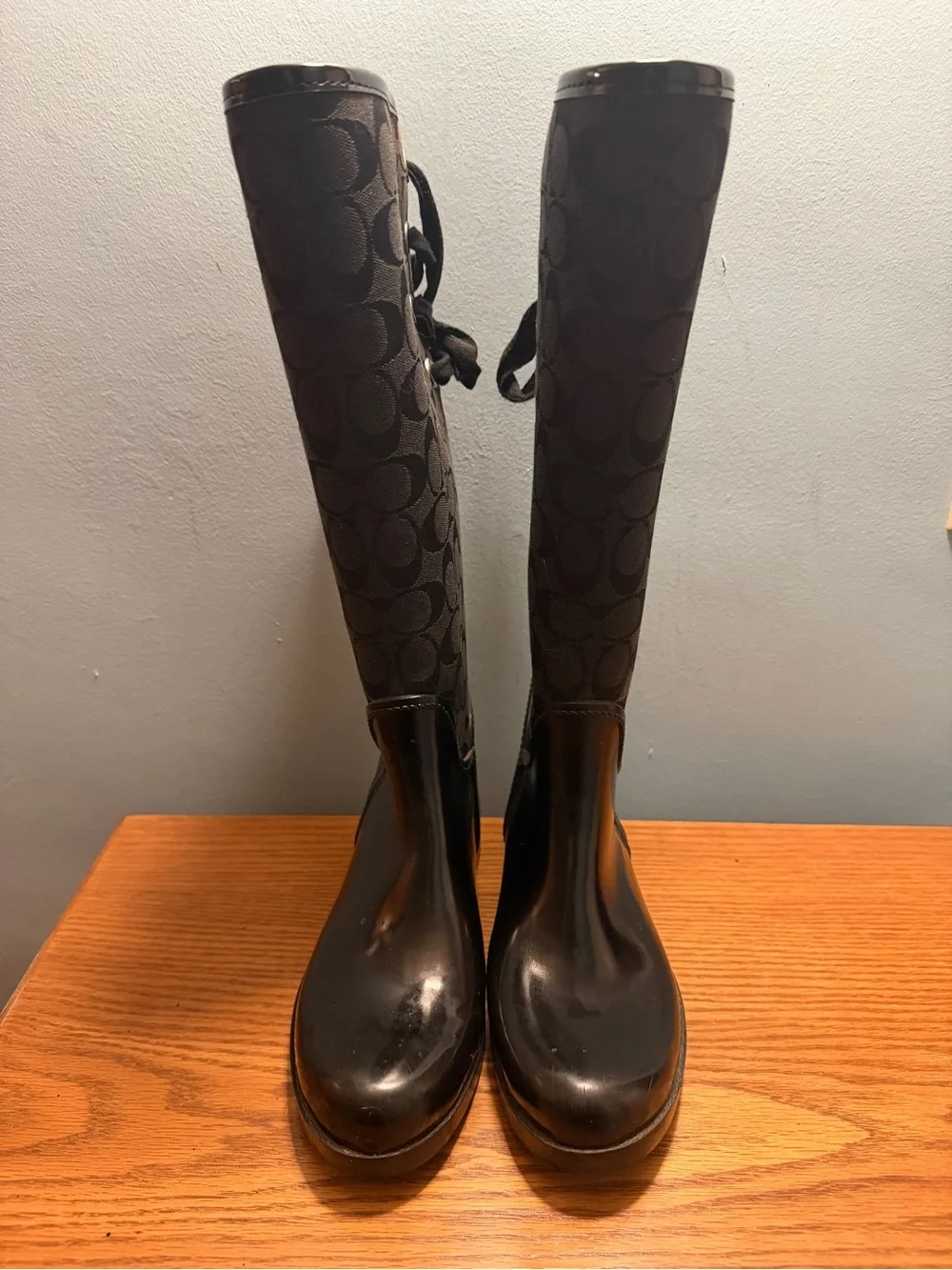 Coach Tall Black Signature Lace-Back Rain Boots
